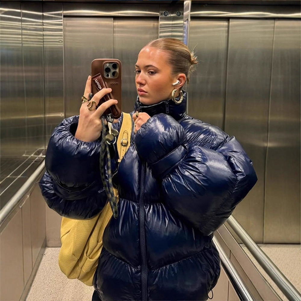 Damen Glänzende Oversize-Steppjacke mit Kapuze und hohem Stehkragen Drune