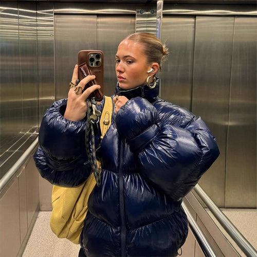 Damen Glänzende Oversize-Steppjacke mit Kapuze und hohem Stehkragen Drune