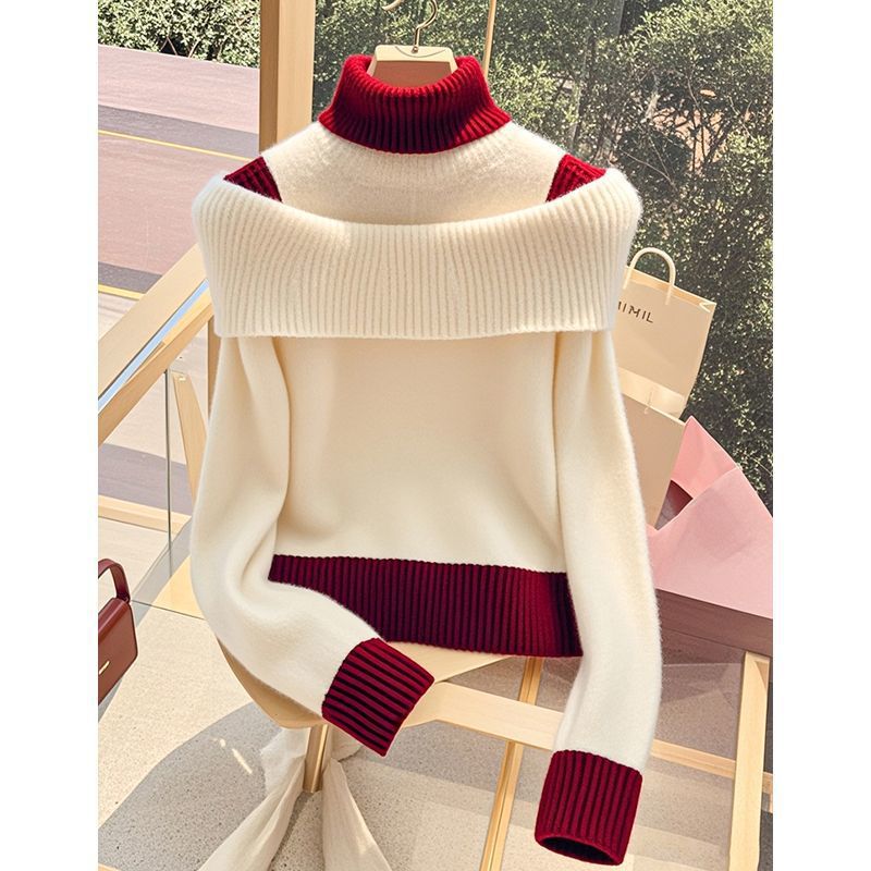 Damen Pullover mit weitem Stehkragen und dekorativem Farbkontrast Drune
