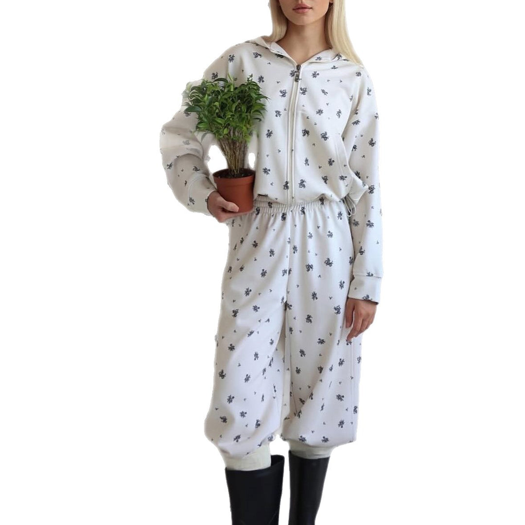 Damen Sportlicher Freizeitanzug mit floralem Muster und hohem Kragen Drune