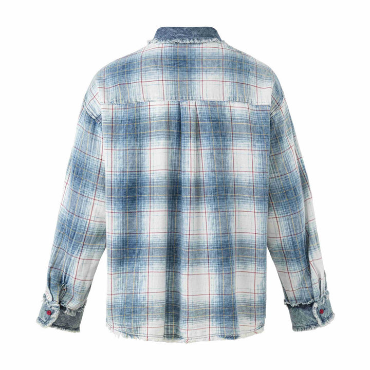 Damen Oversize kariertes Hemdjacke mit Denim-Applikationen und ausgefransten Kanten Drune