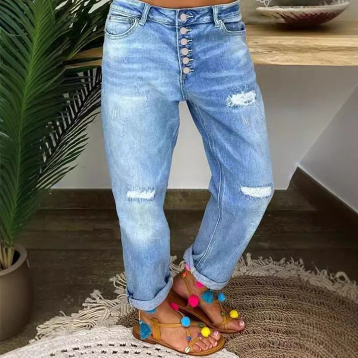 Damen Boyfriend Jeans mit Knopfverschluss und Distressed-Details Drune