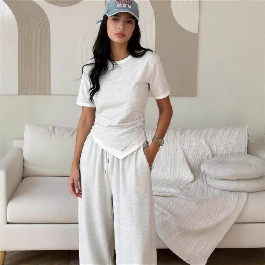 Damen elegantes Set aus Kurzarmshirt und weit geschnittenen Hosen Drune