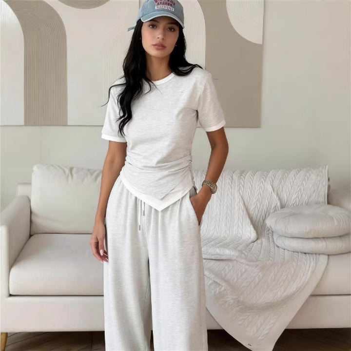 Damen elegantes Set aus Kurzarmshirt und weit geschnittenen Hosen Drune