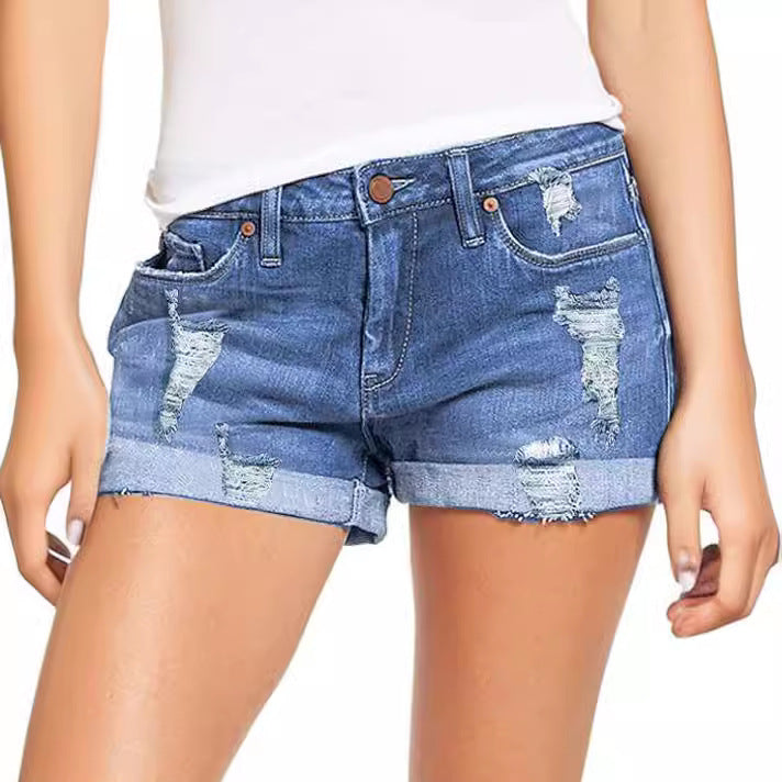 Damen modische Destroyed Denim-Shorts mit umgeschlagenem Saum Drune