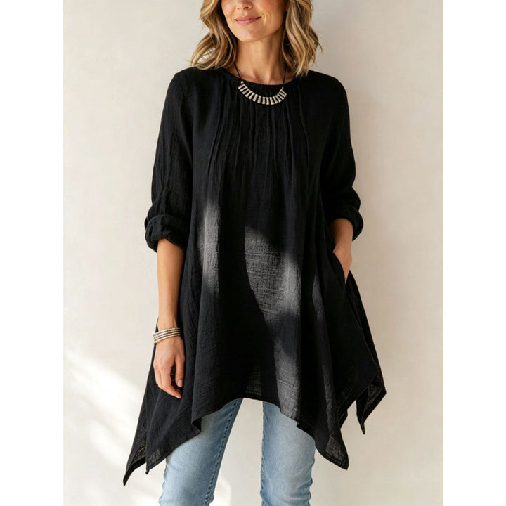 Damen Lässige Long-Tunika mit Handtuchsaum, Kräusel-Biesen und Eingrifftaschen Drune