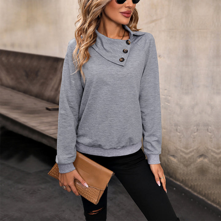 Damen bequemer Sweatshirt mit modischem Kragen und Knopfdetail Drune