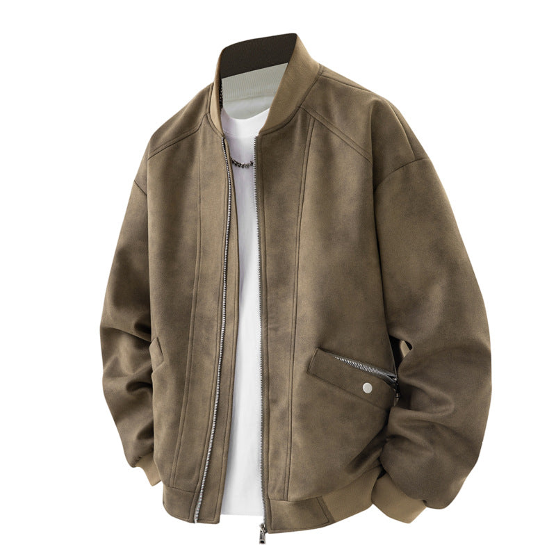 Herren Velours-Optik Bomberjacke im Boxy‑Cut mit Rippkragen, Frontreißverschluss & kombiniertem Zipper-/Klappenfach Drune