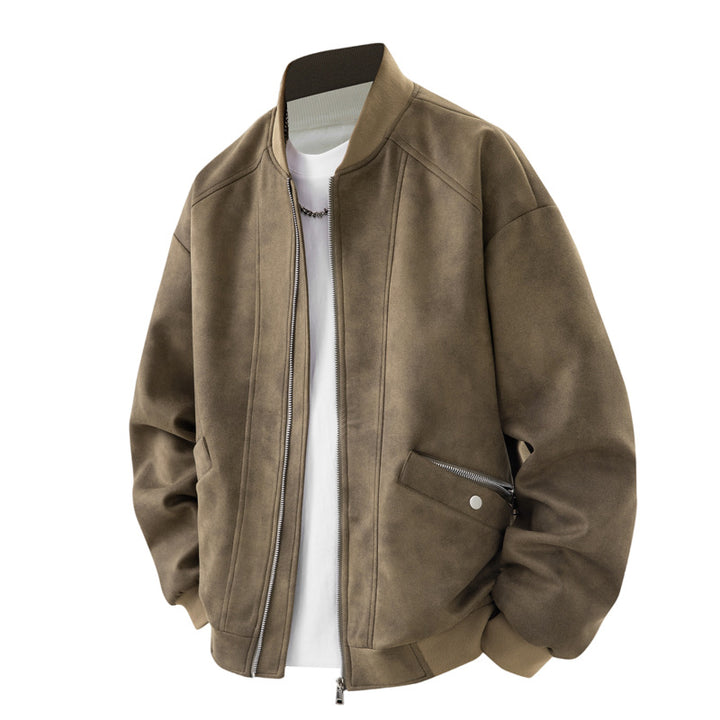 Herren Velours-Optik Bomberjacke im Boxy‑Cut mit Rippkragen, Frontreißverschluss & kombiniertem Zipper-/Klappenfach Drune