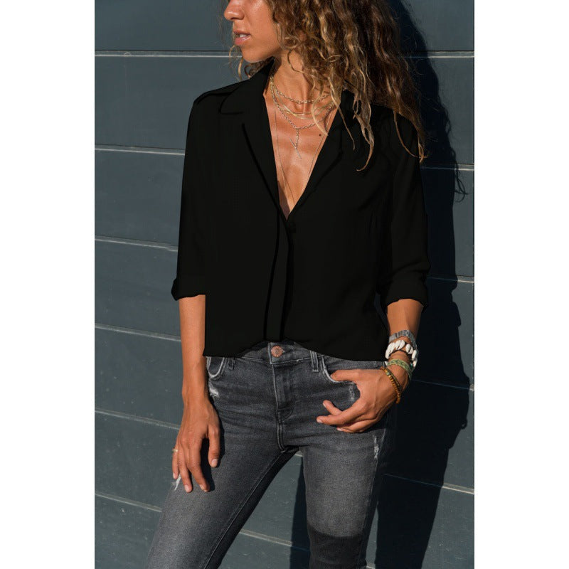 Damen Elegante Bluse mit Kontrastpaspel, V‑Ausschnitt und krempelbaren Ärmeln Drune