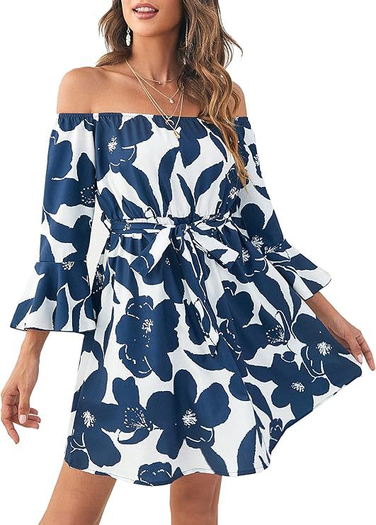 Damen Off-Shoulder Kleid mit buntem Muster Drune