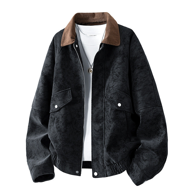 Herren Oversize Utility-Bomberjacke aus Kunstleder mit geripptem Saum und Hemdkragen Drune