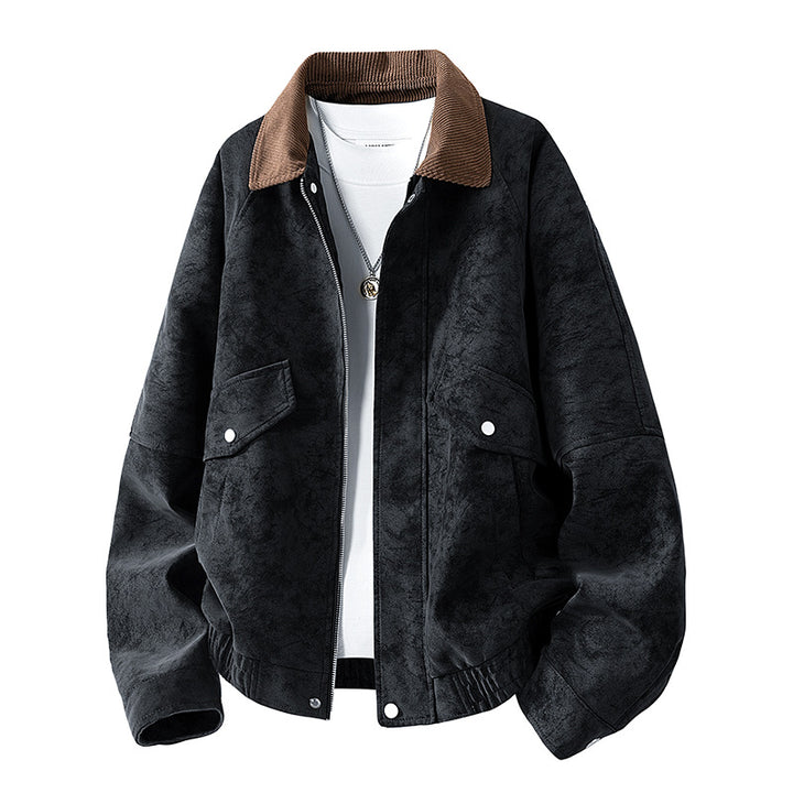 Herren Oversize Utility-Bomberjacke aus Kunstleder mit geripptem Saum und Hemdkragen Drune