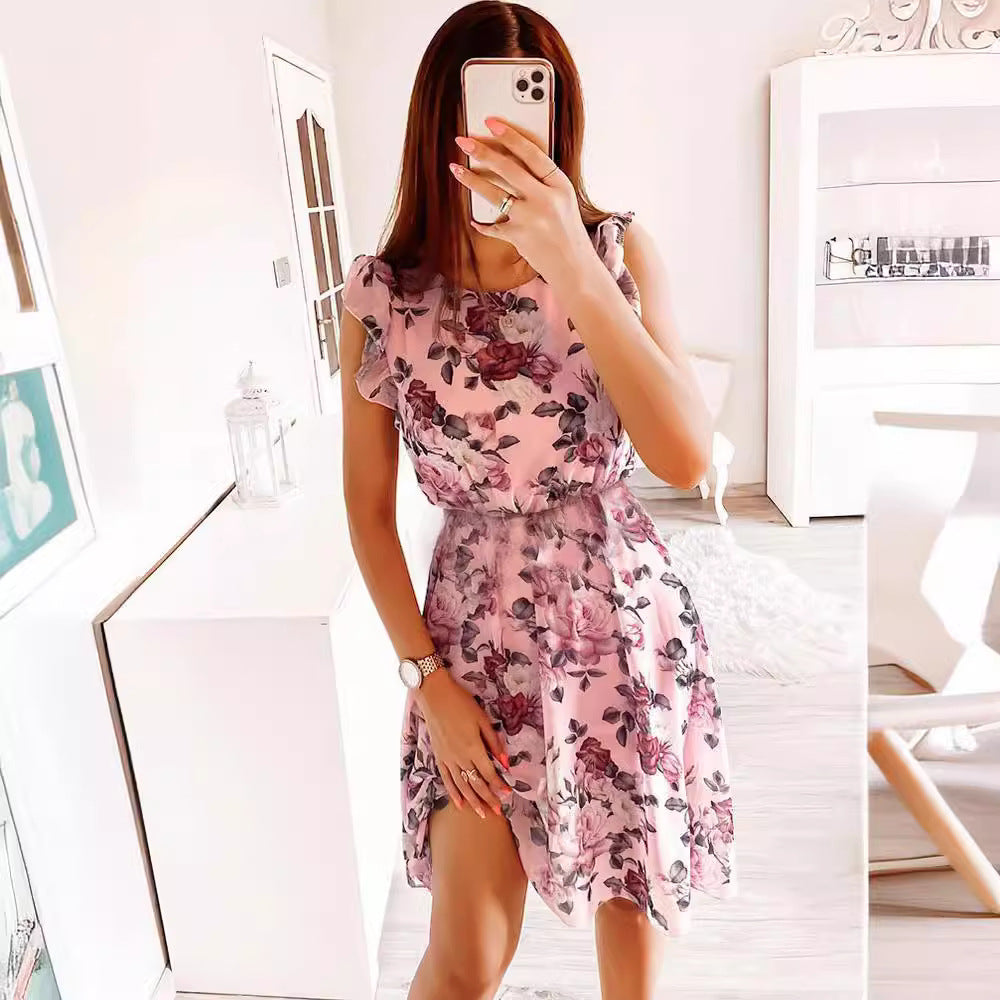 Drune | Elegante Kleid Ohne Ärmel Blumen mit V-Ausschnitt und Gürtel