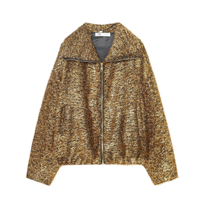 Damen nan kurzer Glitzer‑Teddyblouson mit kastigem Schnitt, Stehkragen und durchgehendem Metallreißverschluss Drune