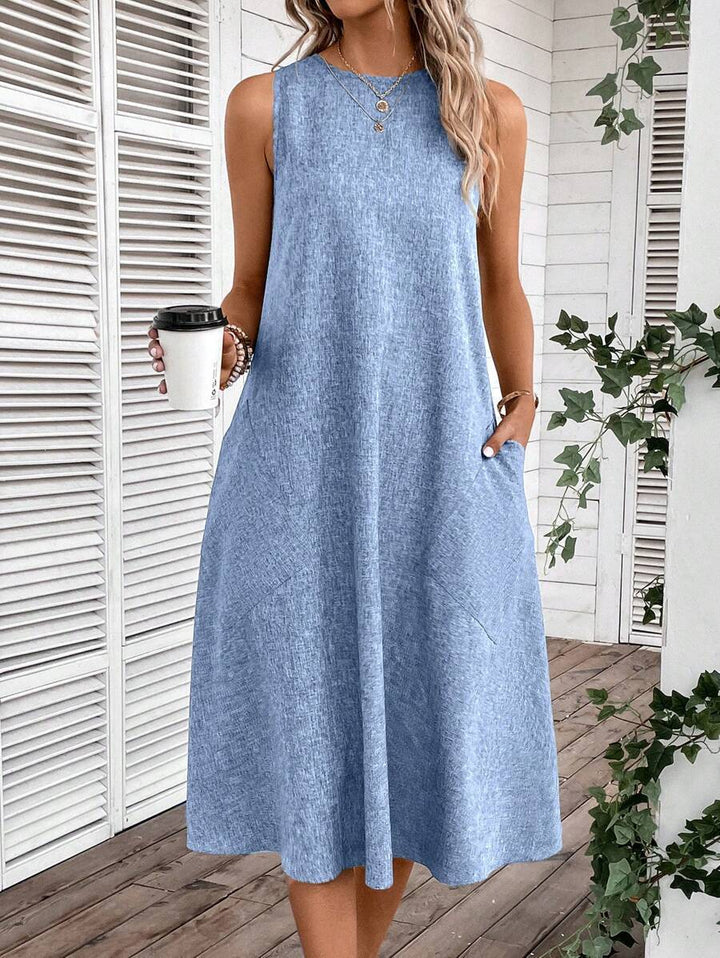 Damen lässiges Midi-Kleid mit tiefem Ausschnitt und praktischen Taschen Drune