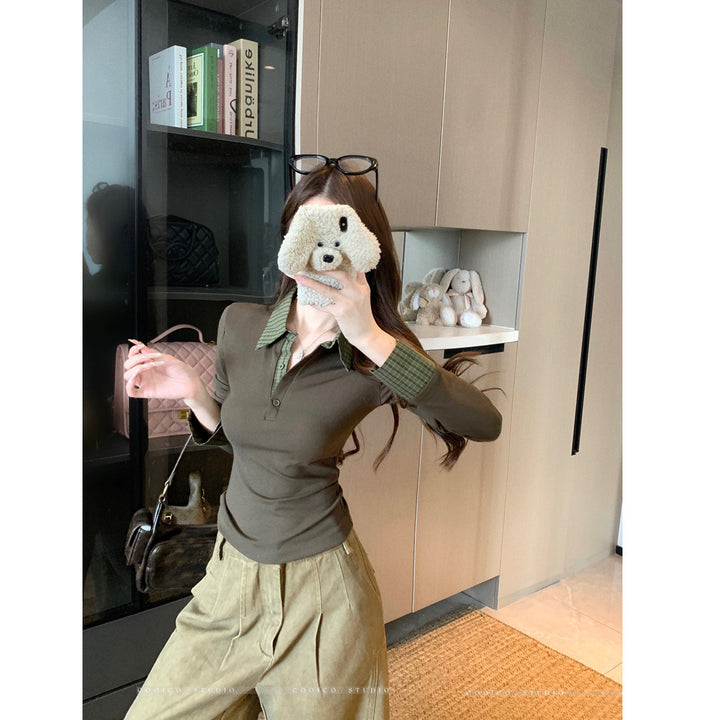 Damen Langarm-Polohemd mit stylischem Kragen und Knopfdetails Drune