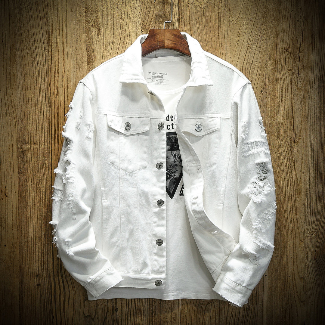 Unisex nan zerrissene Jeansjacke mit weitem Schnitt und aufgesetzten Brusttaschen Drune