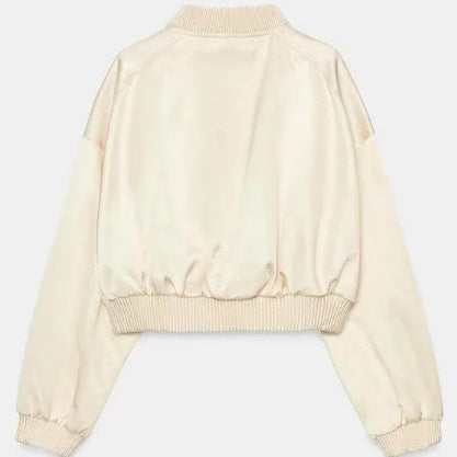 Damen Cropped Blousonjacke aus Satinoptik mit Ballonärmeln und Rippbündchen Drune