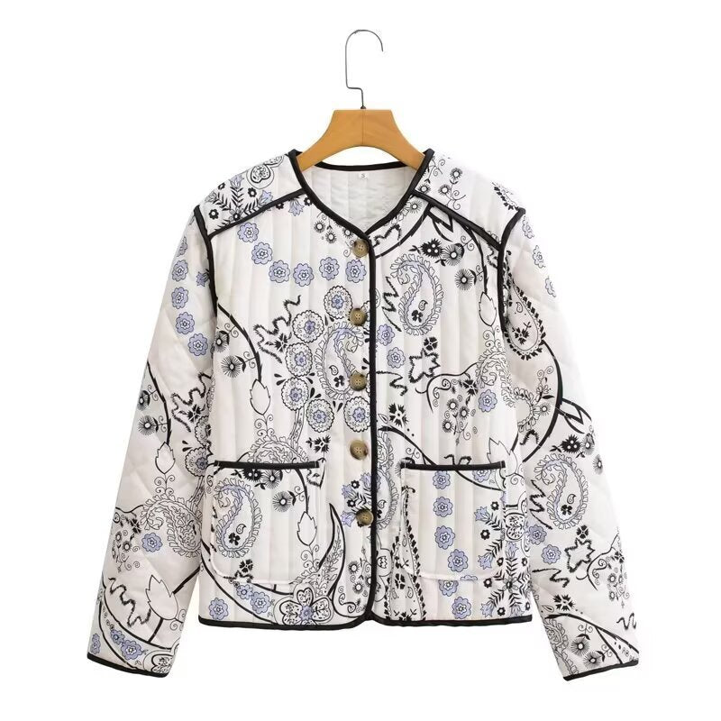 Damen Steppjacke mit Paisley-Print, Rundhals und Kontrastpaspel Drune