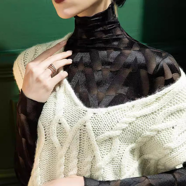 Damen Elegantes Rollkragenoberteil mit geometrischem Muster und transparenten Akzenten Drune