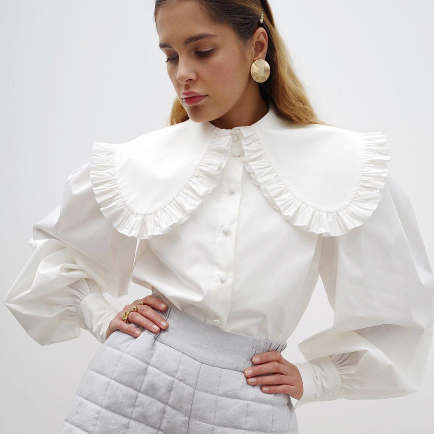 Damen Elegante Bluse mit voluminösen Ärmeln und Rüschensaum Drune