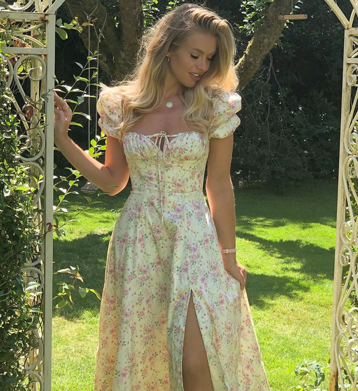 Damen Maxi-Kleid mit Puffärmeln und floralem Design Drune
