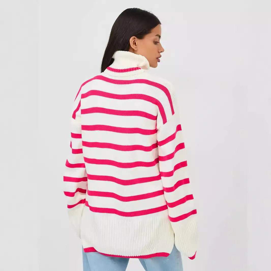 Damen gestrickter Rollkragenpullover mit modernem Streifenmuster und weitem Schnitt Drune