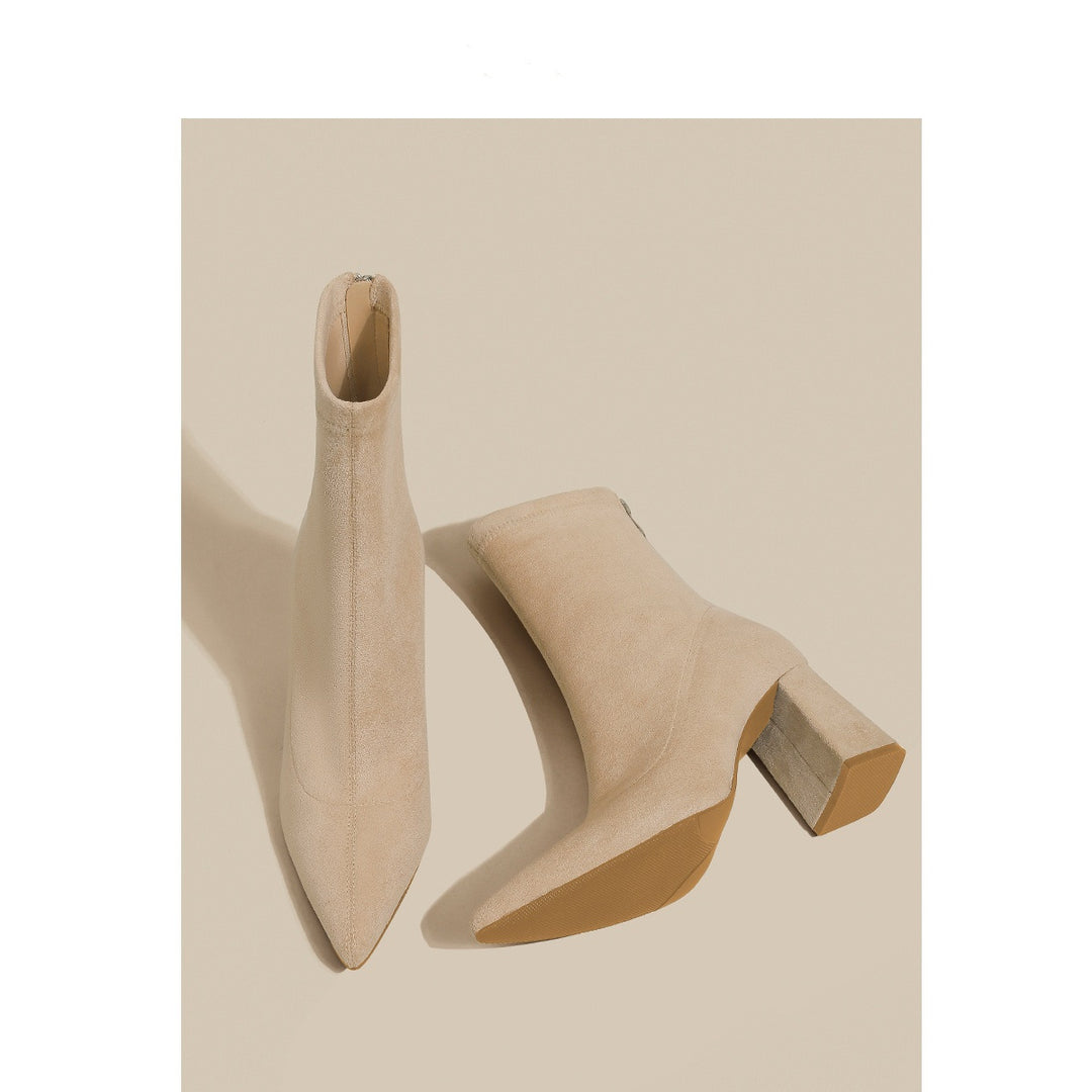 Damen Spitze Sock‑Ankle‑Boots mit skulpturellem Blockabsatz und Stretch‑Veloursoptik Drune