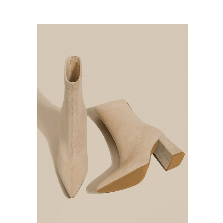 Damen Spitze Sock‑Ankle‑Boots mit skulpturellem Blockabsatz und Stretch‑Veloursoptik Drune