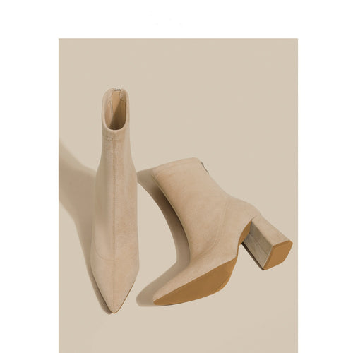 Damen Spitze Sock‑Ankle‑Boots mit skulpturellem Blockabsatz und Stretch‑Veloursoptik Drune