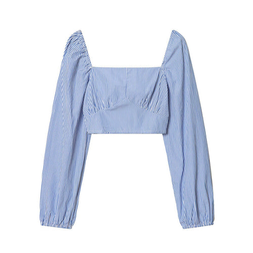 Damen Gestreifte Cropped‑Bluse mit quadratischem Ausschnitt und weiten Ballonärmeln Drune