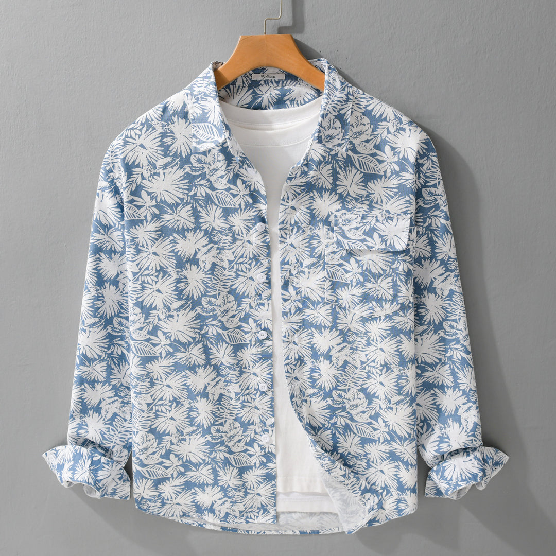 Damen Leichtes Blumenprint-Overshirt aus Leinen-Baumwollmix mit Kentkragen und Brusttasche Drune