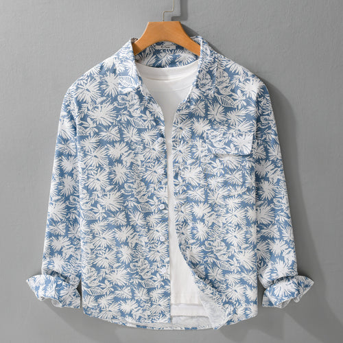 Damen Leichtes Blumenprint-Overshirt aus Leinen-Baumwollmix mit Kentkragen und Brusttasche Drune