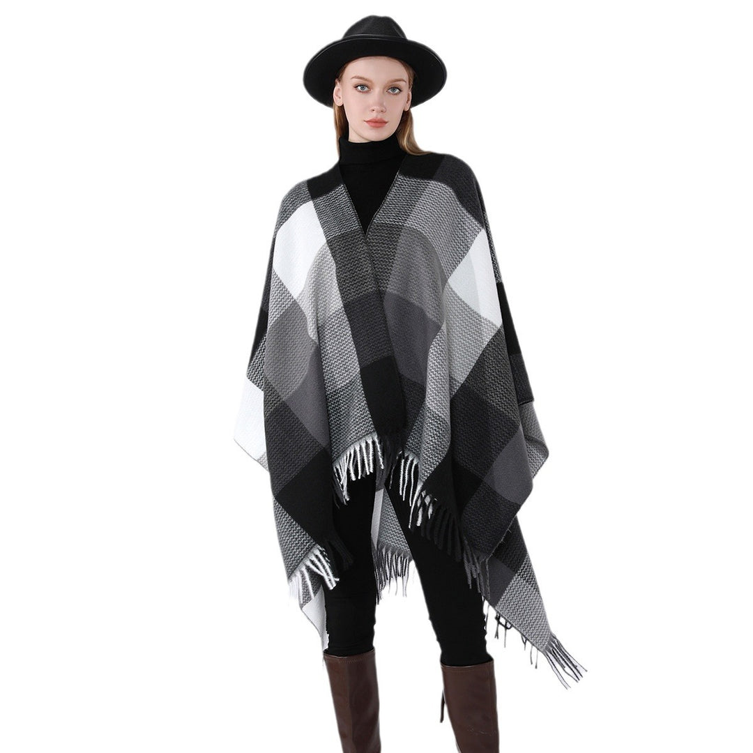 Damen Weichfallender Oversize-Poncho im Plaid-Webmuster mit V-Kragen und Fransensaum Drune
