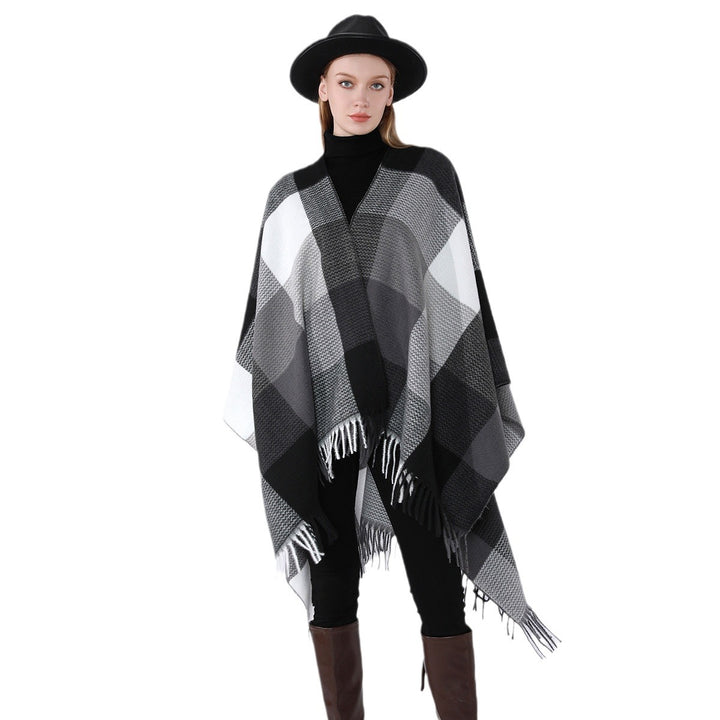 Damen Weichfallender Oversize-Poncho im Plaid-Webmuster mit V-Kragen und Fransensaum Drune