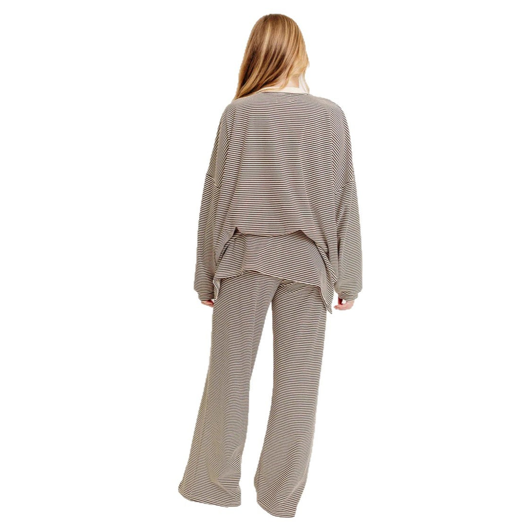 Damen nan gestreiftes Komfort-Set aus feinem Rippjersey mit Oversize-Pullover und weiter Bundhose Drune