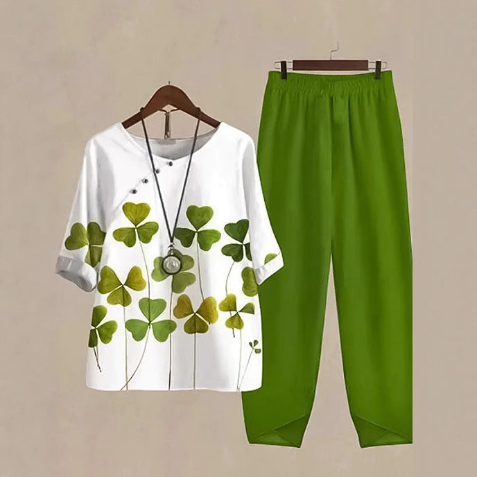 Damen nan zweiteiliges Casual-Ensemble mit Kleeblattprint-Tunika und elastischer Komfortbund-Hose Drune