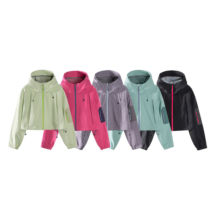 Damen Kurze wasserdichte Kapuzenjacke mit verstellbarem Saum und Ärmeltasche Drune