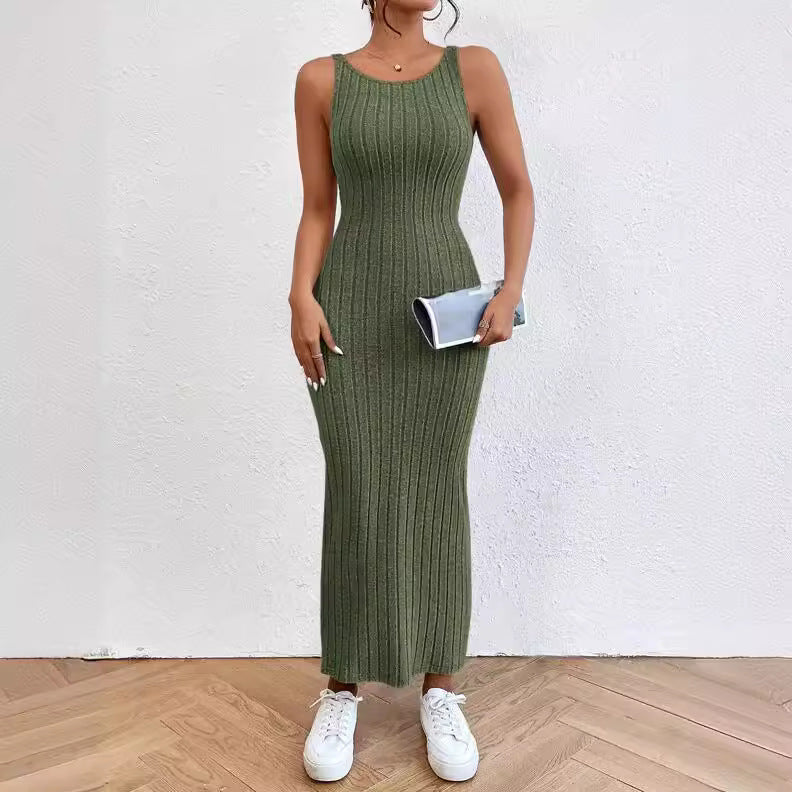 Damen figurbetontes Langarm-Maxikleid mit Rippenstruktur und Rundhalsausschnitt Drune
