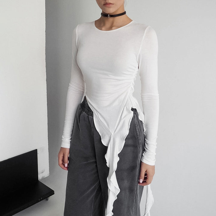 Damen asymmetrisches Langarmshirt mit Rüschendetails Drune