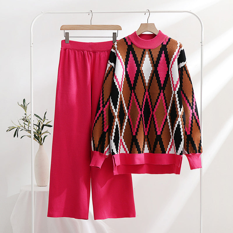 Damen modisches Strick-Loungewear-Set mit geometrischem Muster und weitem Schnitt Drune