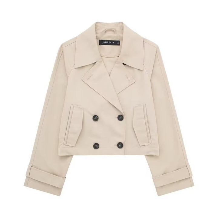 Damen nan kurze zweireihige Cropped Trenchjacke mit breitem Revers und verstellbaren Ärmelschnallen Drune