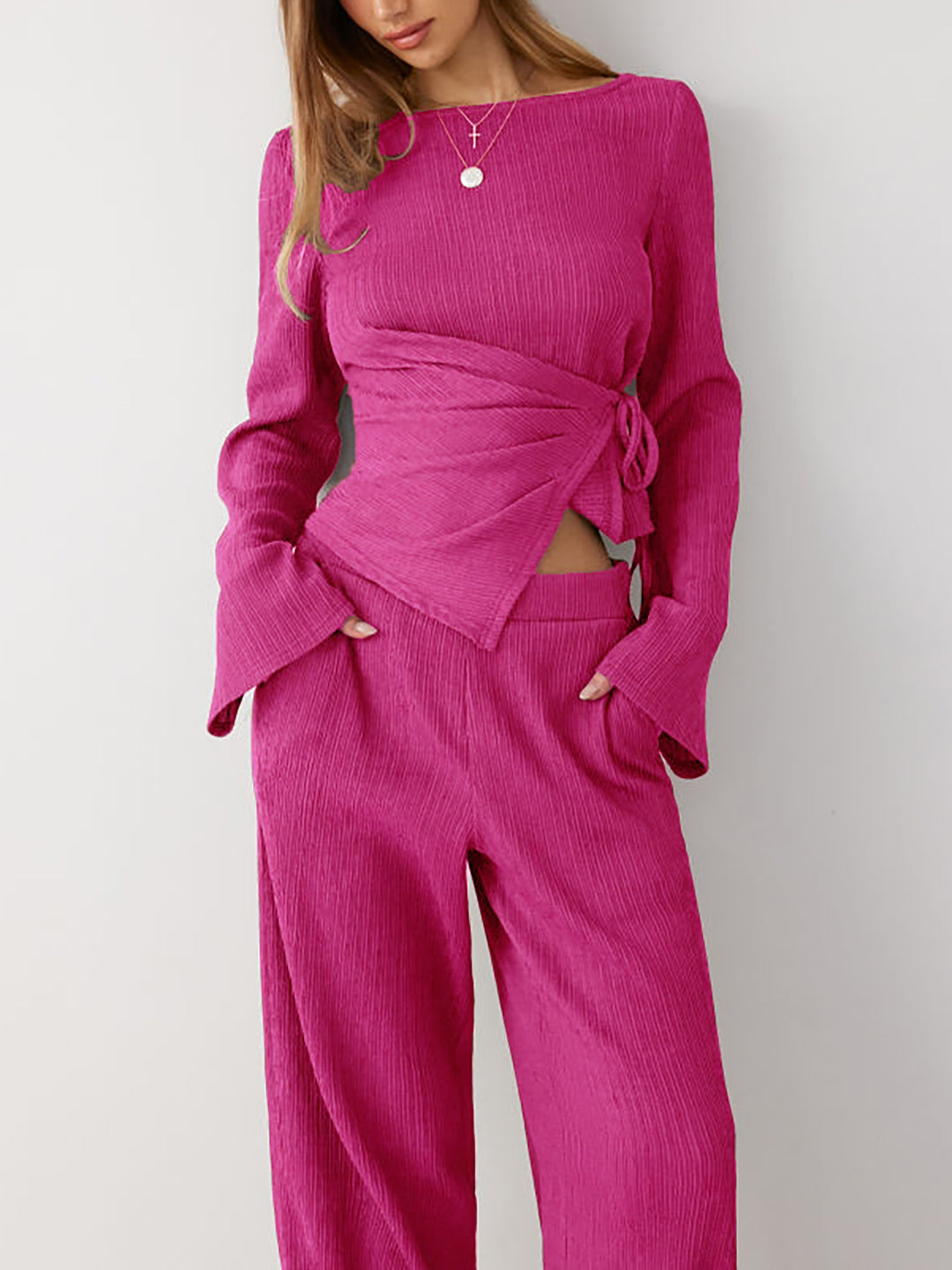 Damen Zweiteiliges geripptes Lounge-Set mit Wickeloberteil und weiter Hose Drune