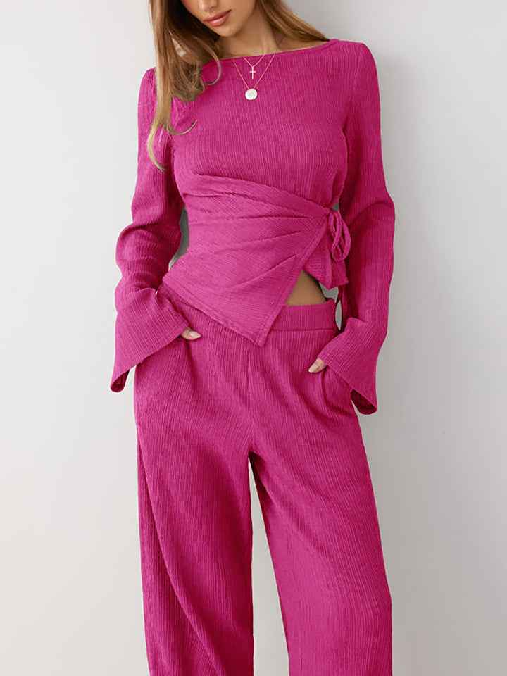 Damen Zweiteiliges geripptes Lounge-Set mit Wickeloberteil und weiter Hose Drune