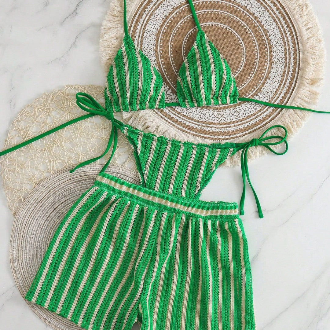 Damen Bikini-Set mit gerafftem Oberteil und hoch taillierten Shorts Drune