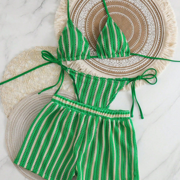 Damen Bikini-Set mit gerafftem Oberteil und hoch taillierten Shorts Drune