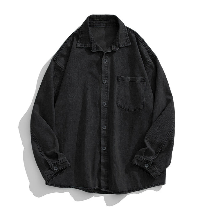 Unisex Lockeres Denim-Overhemd mit Brusttasche, gerundetem Saum und durchgehender Knopfleiste Drune