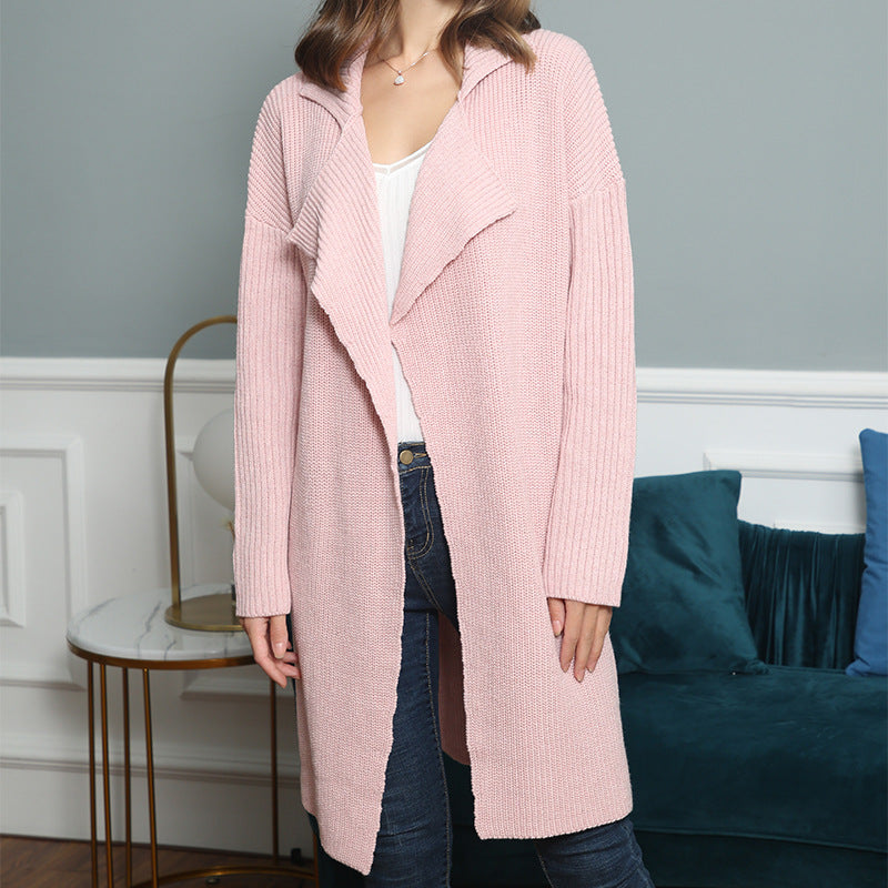 Damen langer offener Rippstrick-Cardigan mit weitem Schalkragen Drune