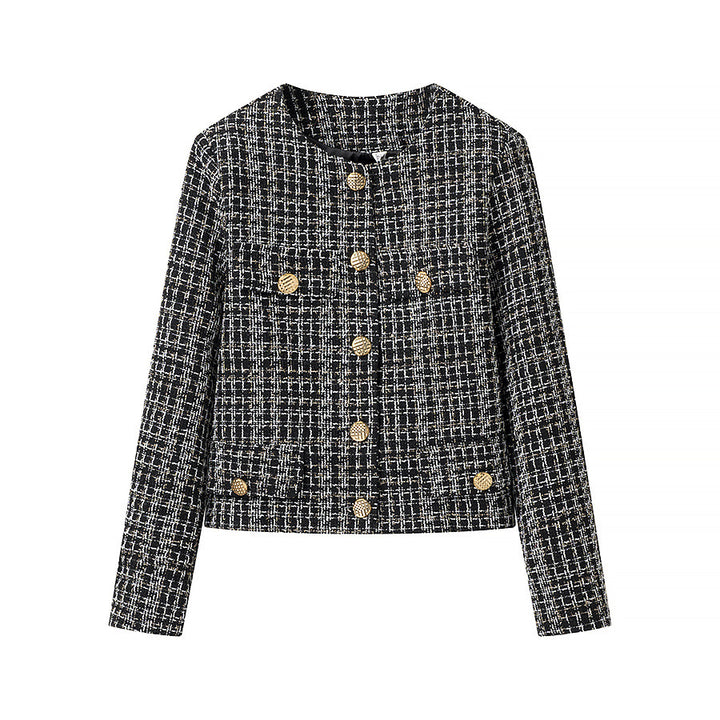Damen nan kastige Bouclé-Tweedjacke mit rundem Ausschnitt goldfarbenen Zierknöpfen und aufgesetzten Taschen Drune